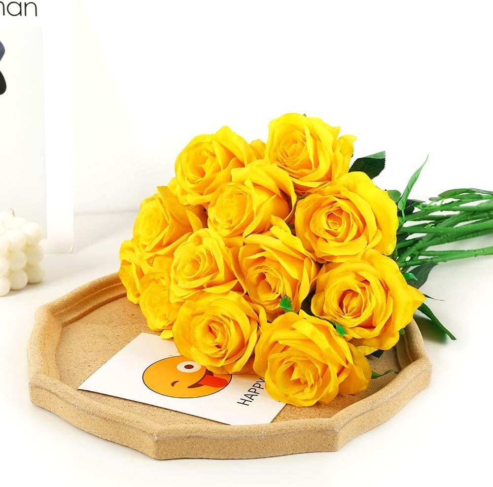 12 PCS Artificial Flowers Roses Silk Flowers Fake Long Stem Artificial Roses for Home Wedding Decorations (Yellow)