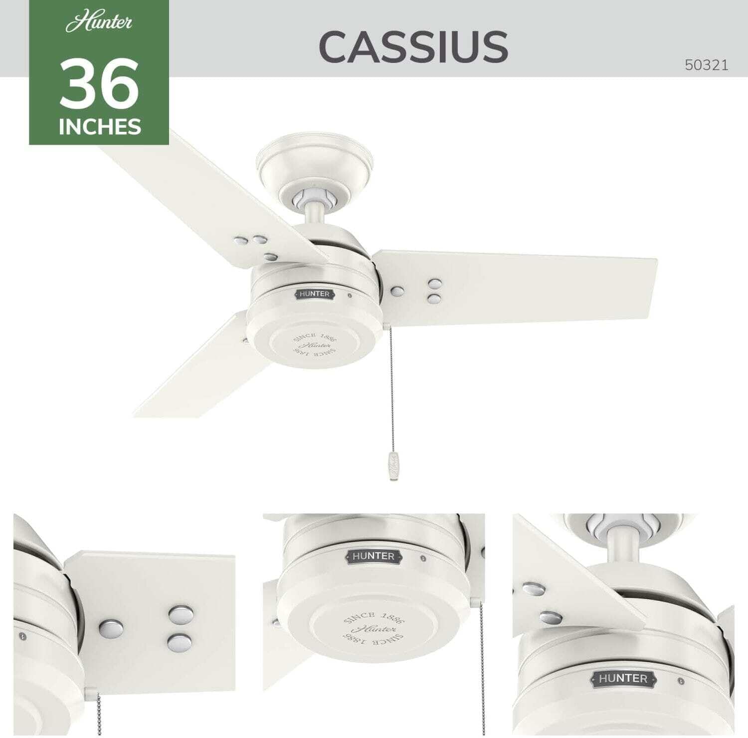 Hunter Cassius, Outdoor or Indoor, Ceiling Fan, 44 inch, Matte Black