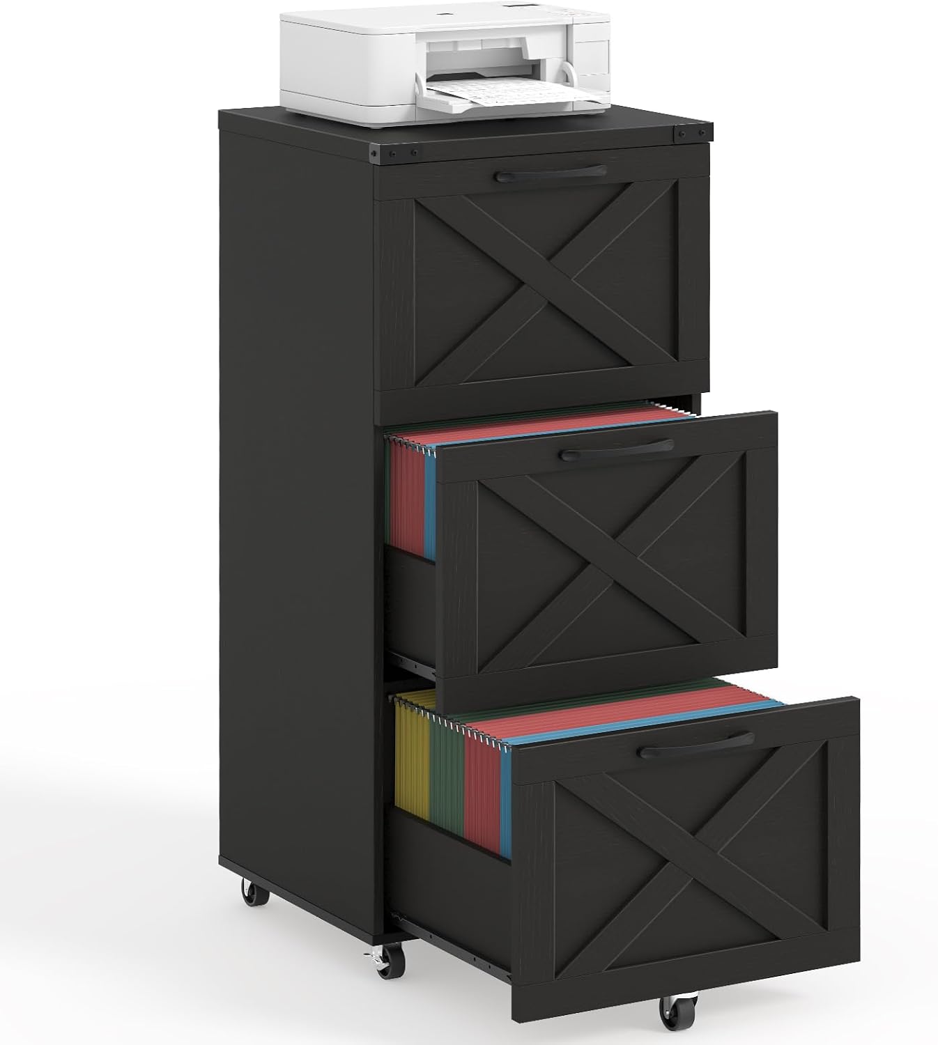 3 Drawers Tall Farmhouse File Cabinet with Wheels for Home Office, Black | Halitaa Vertical Filing Cabinet Fits Letter/A4 Size, Rolling File Cabinet Wooden Printer Stand for Home Office