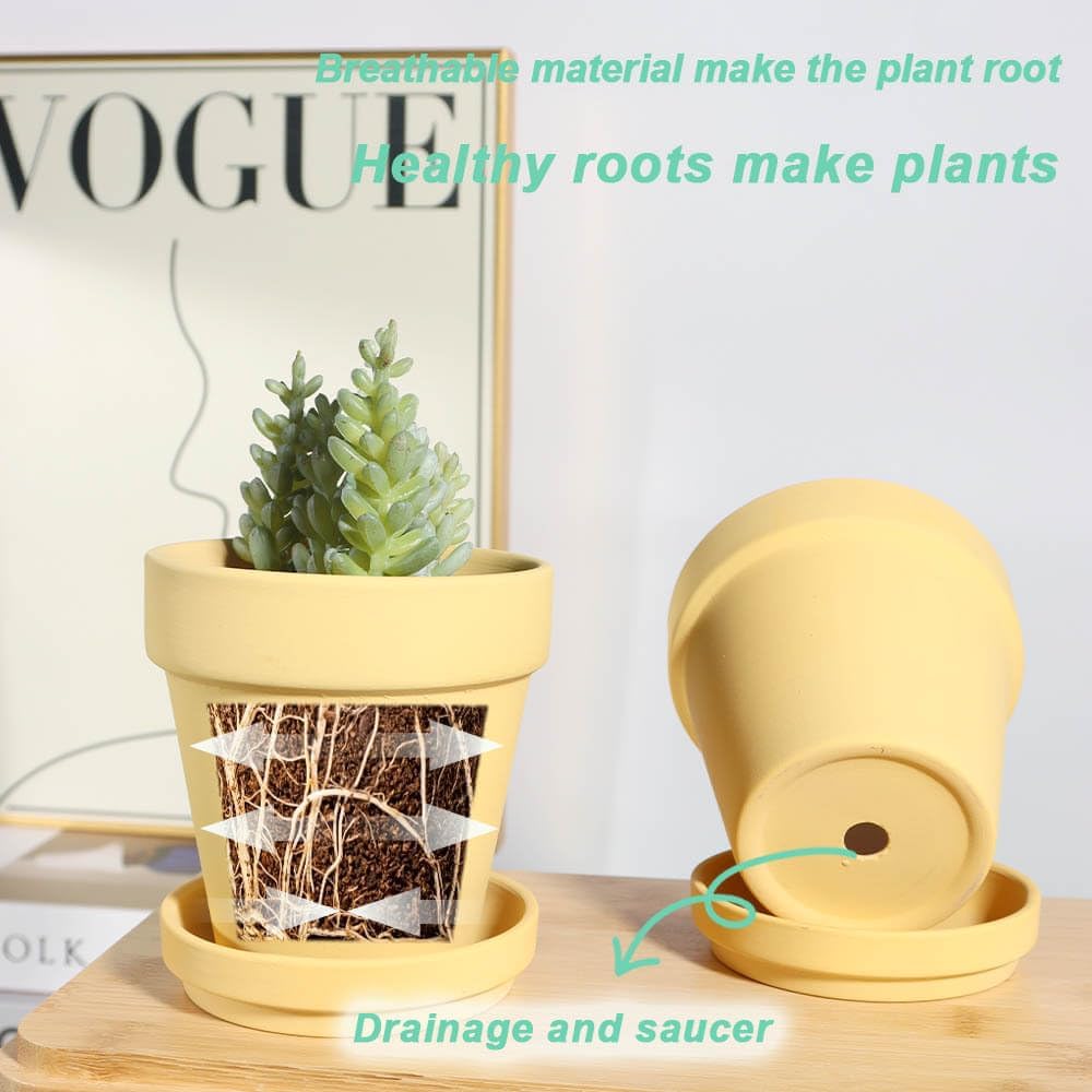 vensovo 4 Inch Terracotta Plant Pots with Saucer - 6 Pack Clay Flower Pots with Drainage, Great for Plants, Crafts, Wedding Favor