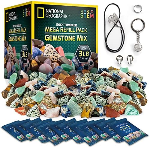 National Geographic Rock Tumbler Refill Kit with 3 Lbs. Rough Gems | 3 Lbs. Rough Gemstones, Amethyst and Quartz, 4-Stage Grit, Jewelry Accessories, Rock Polishing Supplies