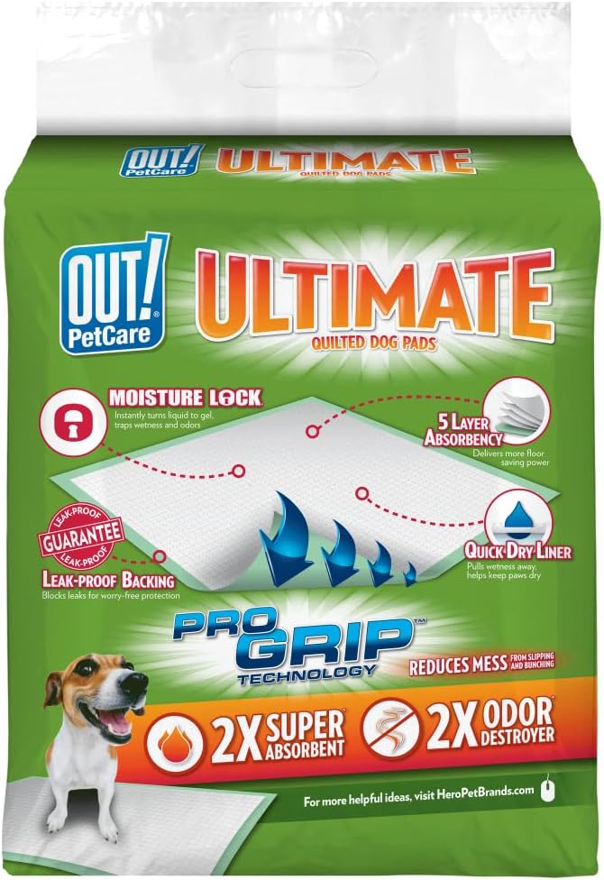 OUT! PetCare Large Dog Pee Pads, Leak Proof Training Pads, 21x21, 50 Count | Doggy Pee Pads, Leak Proof, Odor Control, Extra Absorbent, Potty Training, Housebreaking, Crate Training, Travel Use