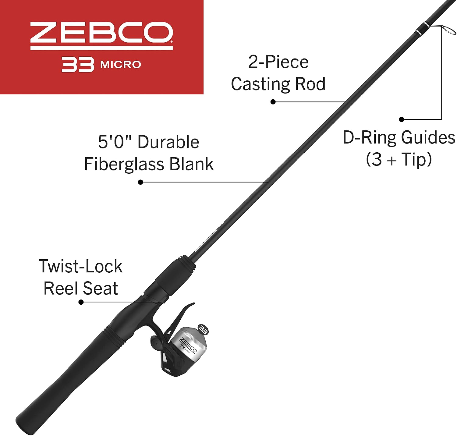 Zebco 33 Micro Spincast Reel and 2-Piece Fishing Rod Combo, 4.5-Foot Rod with Bonus Tackle Pack, QuickSet Anti-Reverse Fishing Reel with Bite Alert