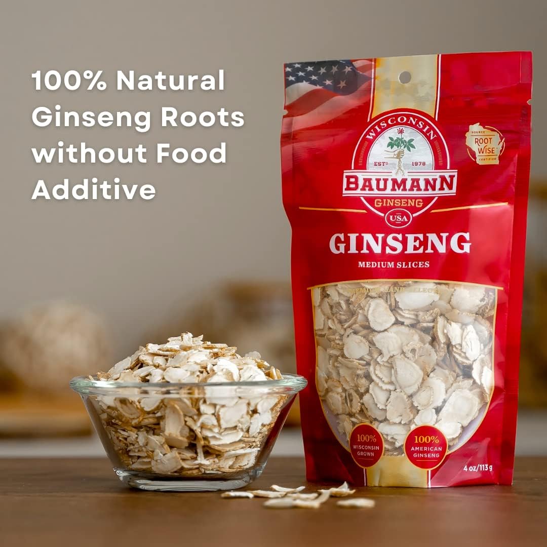 Baumann Wisconsin Ginseng - Medium Slices 4 oz - 100% Natural Panax Ginseng Herb, Pure Dried American Ginseng for Enhanced Focus & Energy