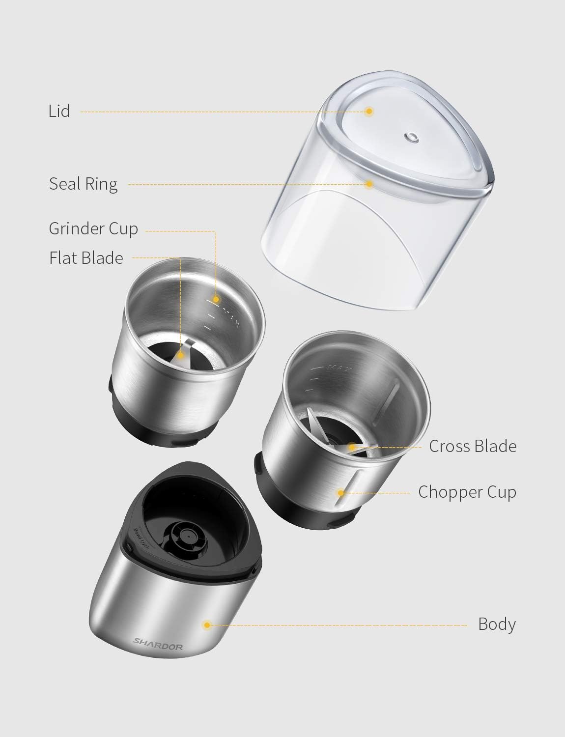 SHARDOR Electric Coffee Bean Grinder, Spice Grinder, 1 Removable Bowl with Stainless Steel Blade, Silver