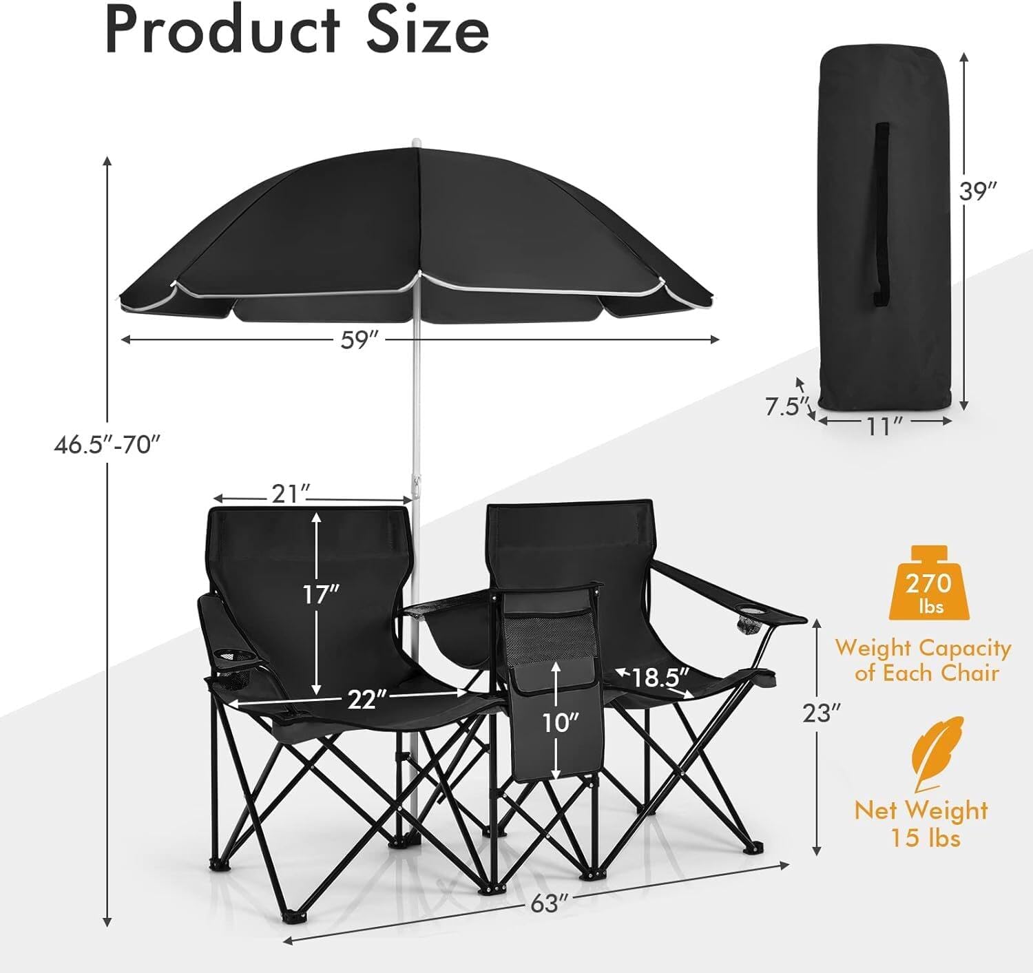 COSTWAY Double Portable Picnic Chairs, Folding Camping Chairs w/Detachable Umbrella, Cooler Bag, Cup Holders, Patio Beach Camping Chairs for Outdoors, Blue | Detachable Umbrella, Cooler Bag, Cup Holders, Patio Beach Camping Chairs for Outdoors, Blue