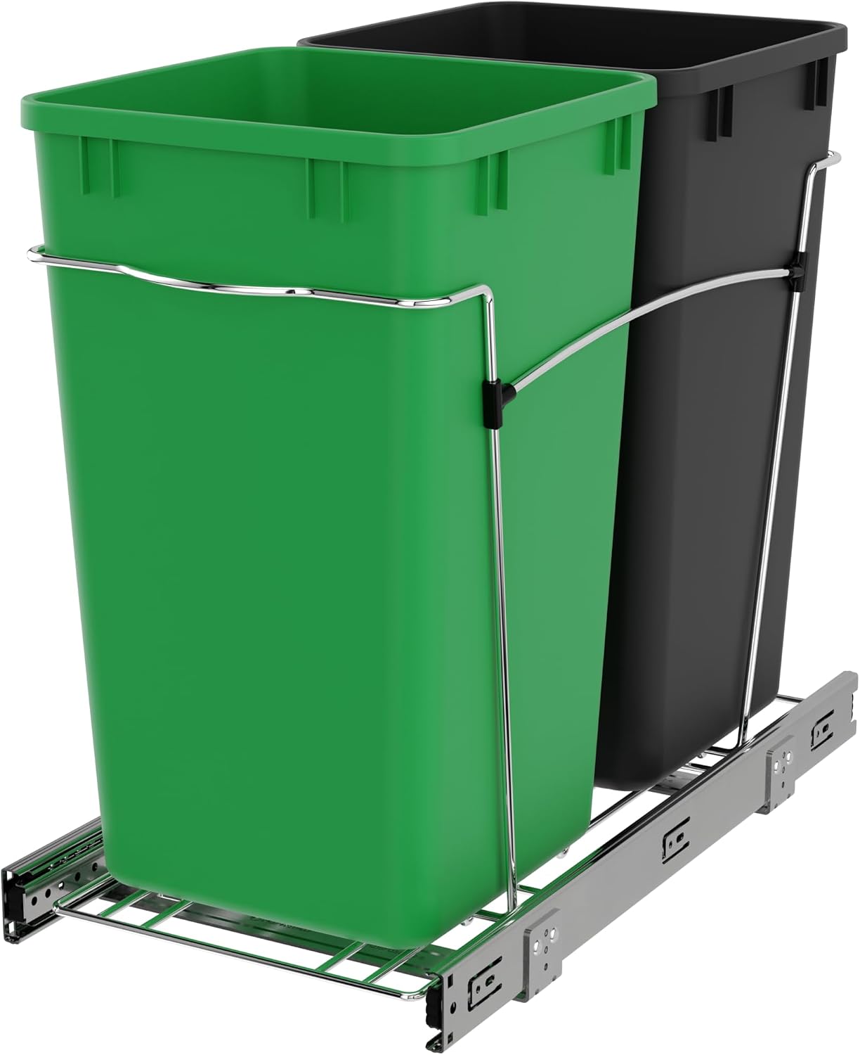 Rev-A-Shelf Double 27 Qt Pullout Trash Can for Base Kitchen Cabinets, Garbage Waste Bin System with Full Extension Slides, Min Opening Width of 11.5", Metallic Silver, RV-15KD-17C S