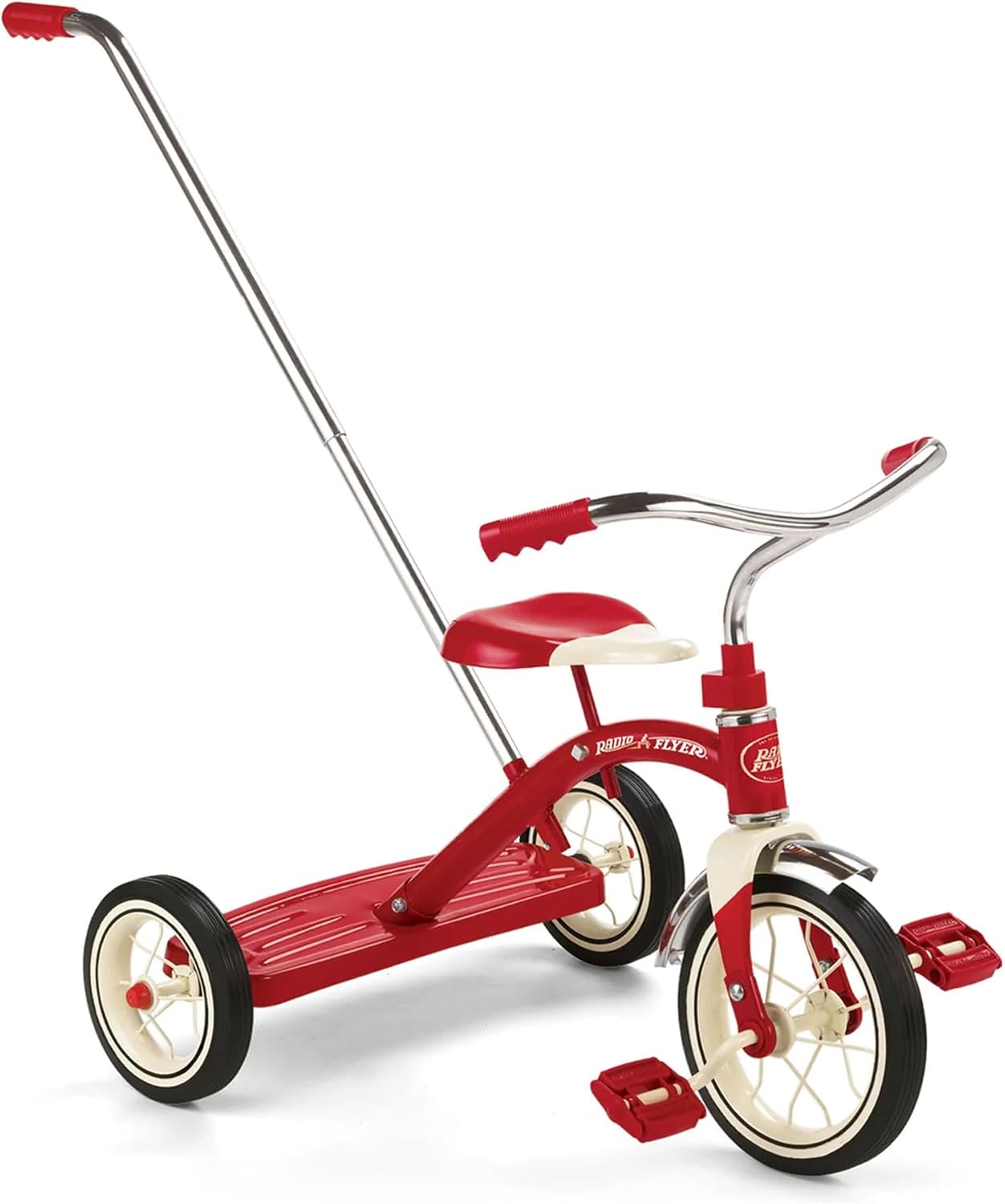 Radio Flyer Classic Pink Tricycle, for Ages 2-4, 10" Front Wheel, Bell | Steel Frame, Adjustable Seat, Rubber Tires, Chrome Details, Rear Step, Controlled Turning Radius, Tricycle for Toddlers