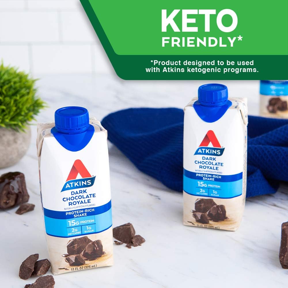 Atkins Dark Chocolate Royale Protein-Rich Shake. Rich and Creamy with Protein. Keto-Friendly and Gluten Free. (4 Shakes), 11 Fl Oz