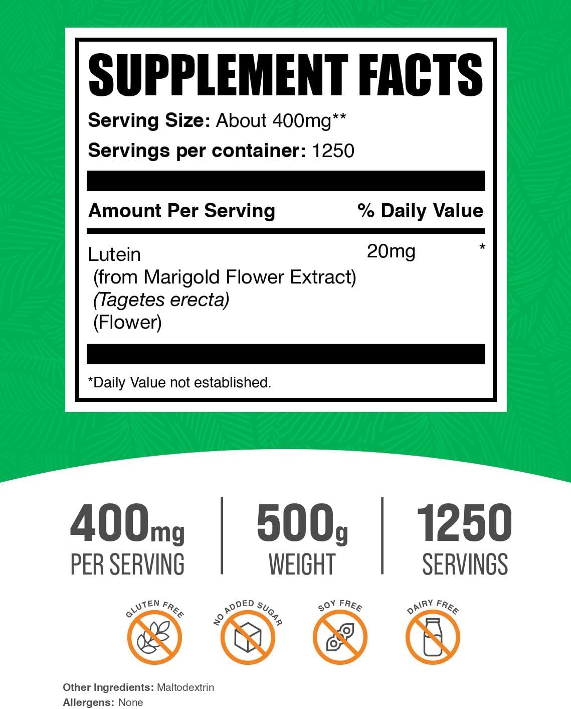 BulkSupplements.com Lutein Powder - from Marigold Flower Extract, Eye Supplement, Lutein 20mg - Antioxidant Source, Gluten Free, 400mg per Serving, 250g (8.8 oz) (Pack of 1)