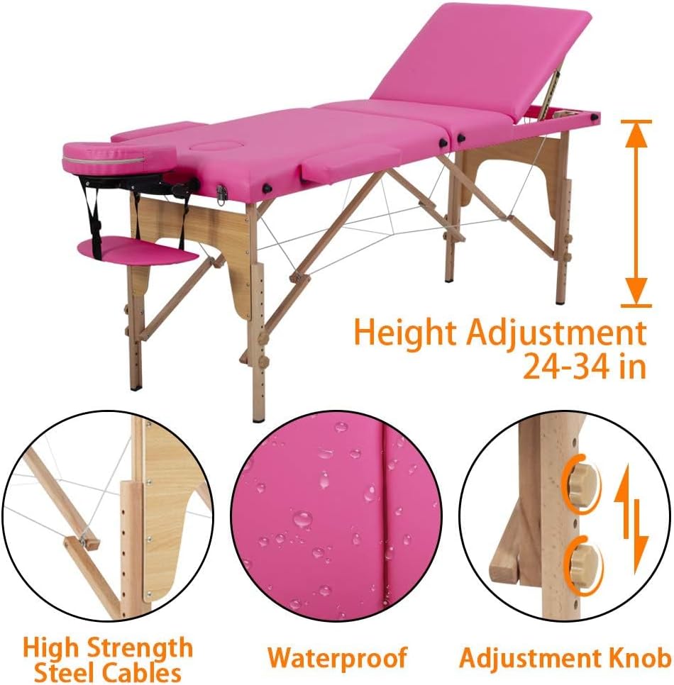 BestMassage | Portable Massage Table | 24" Wide, Black PU Leather | Lightweight, 2-Fold Massage Table with Height Adjustment, 450lbs Capacity, Carry Bag | For Massage, Facial, Tattoo, Home, Spa