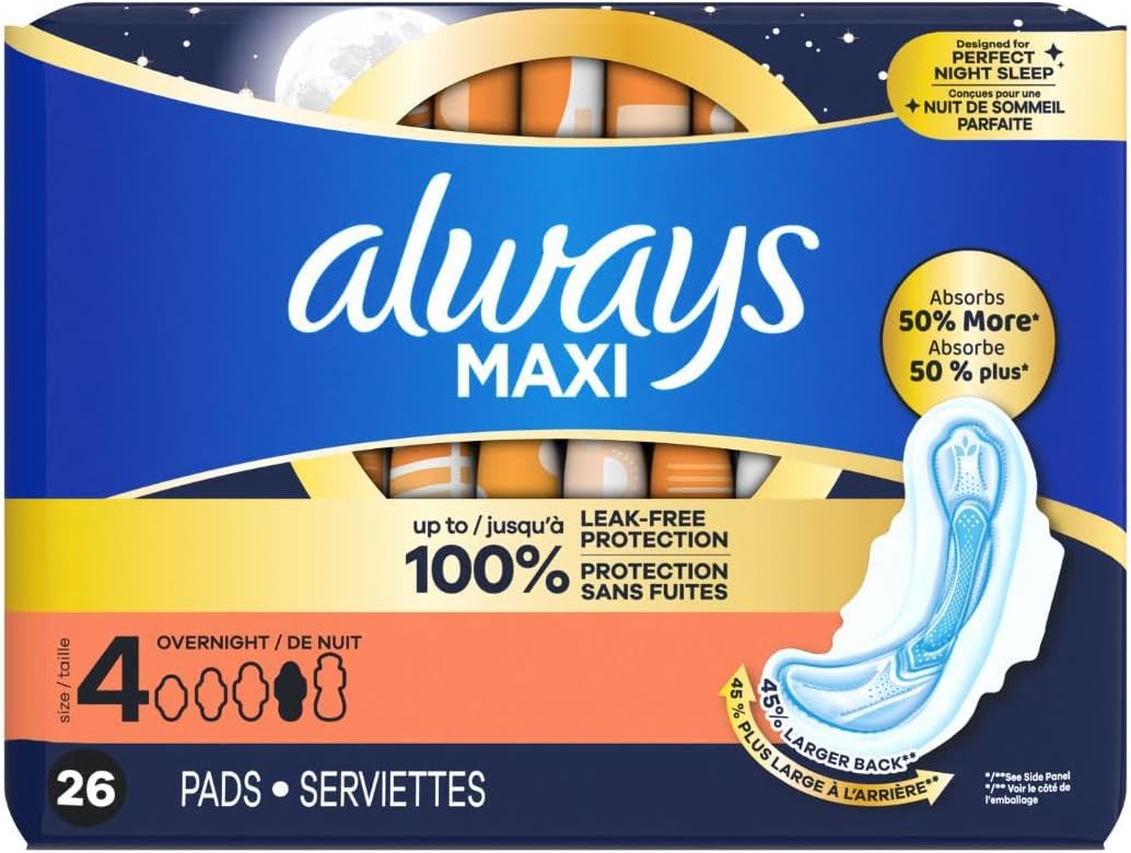 Always Maxi Overnight Feminine Pads with Wings for Women, Size 4, Overnight Absorbency, Unscented, Up to 100% Leak-Free Protection, 48 Count