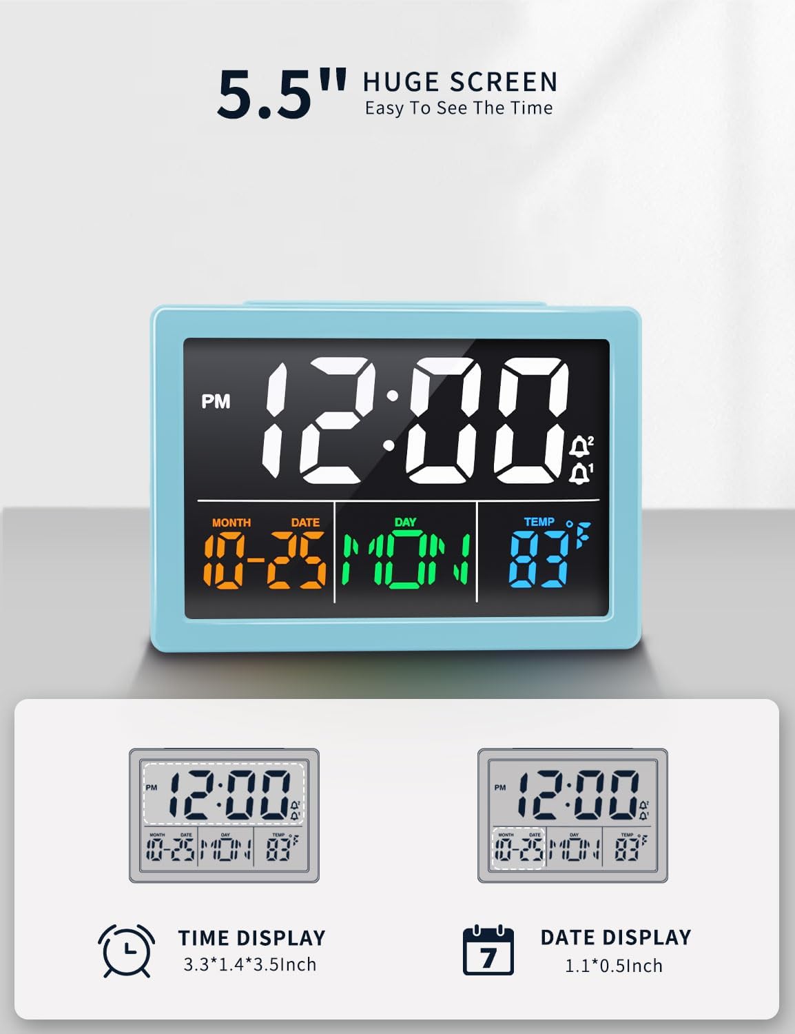 JALL Digital Clock with Date Day for Seniors, Electric Alarm Clocks for Bedrooms with Temperature, 2 Alarms, Dimmer, Dual USB Charger, Battery Backup