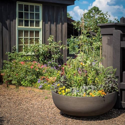Crescent Garden Orinoco Planter Bowl – Double-Walled Resin Pot for Succulents, Flowers Without Drain Hole - 21" W x 8.25" H (Weathered Concrete)