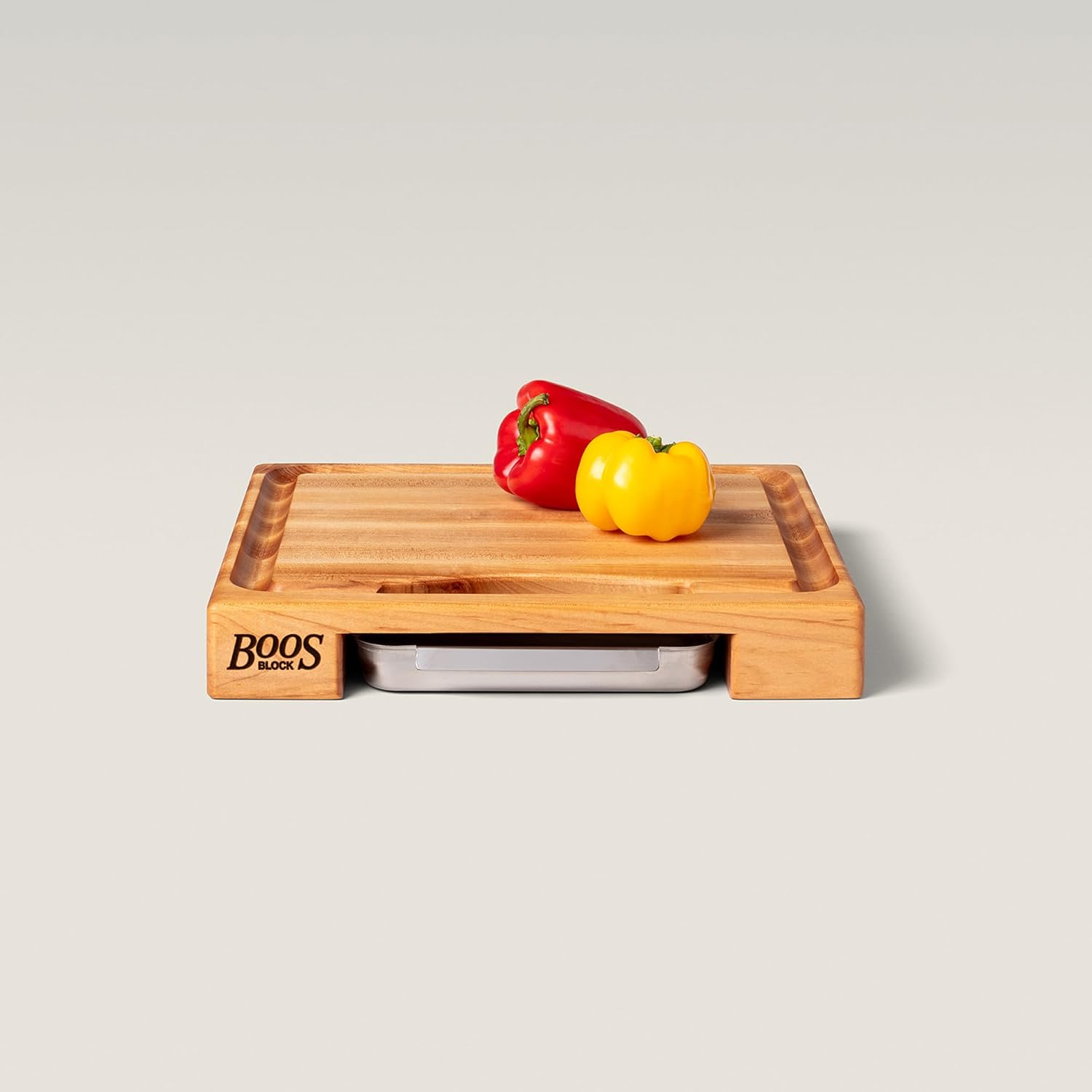 John Boos Newton Prep Master Series Rectangular Wooden Maple Cutting Board 15”x14” – 2.25” Thick, 14-lb Reversible Butcher Block with Catch Pan, Sloped Juice Groove & Edge-Grain – Made in the USA