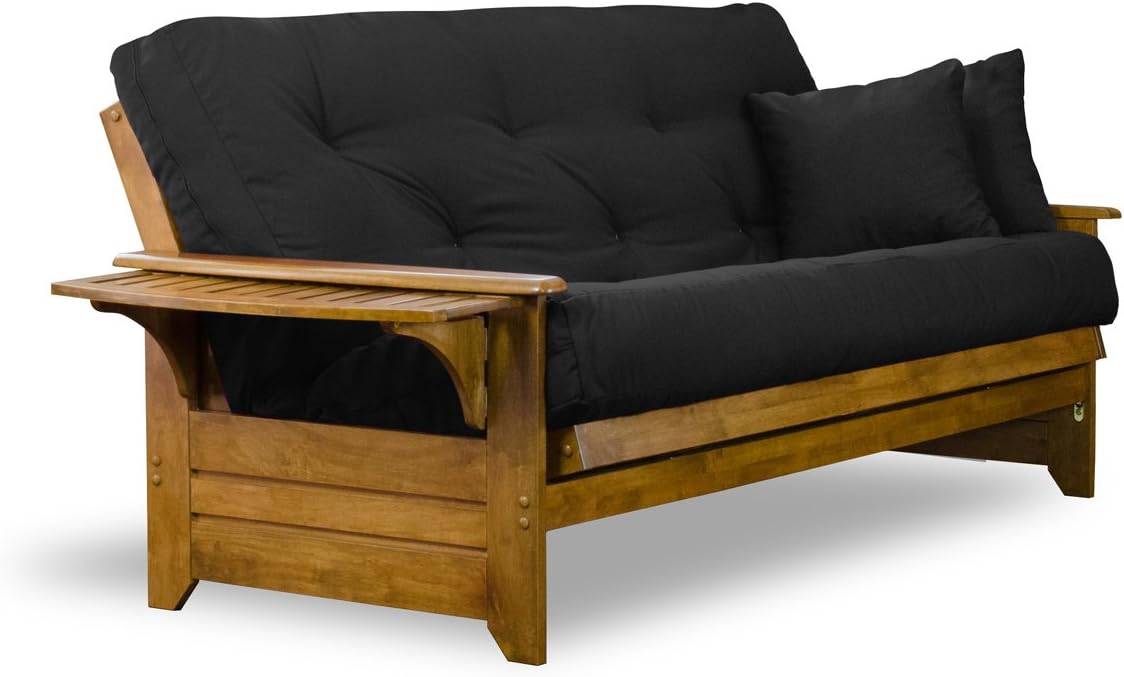 Brentwood Tray Arm Futon Sofabed Set - Queen Frame, 8" Microfiber Fudge Mattress, Heritage Finish