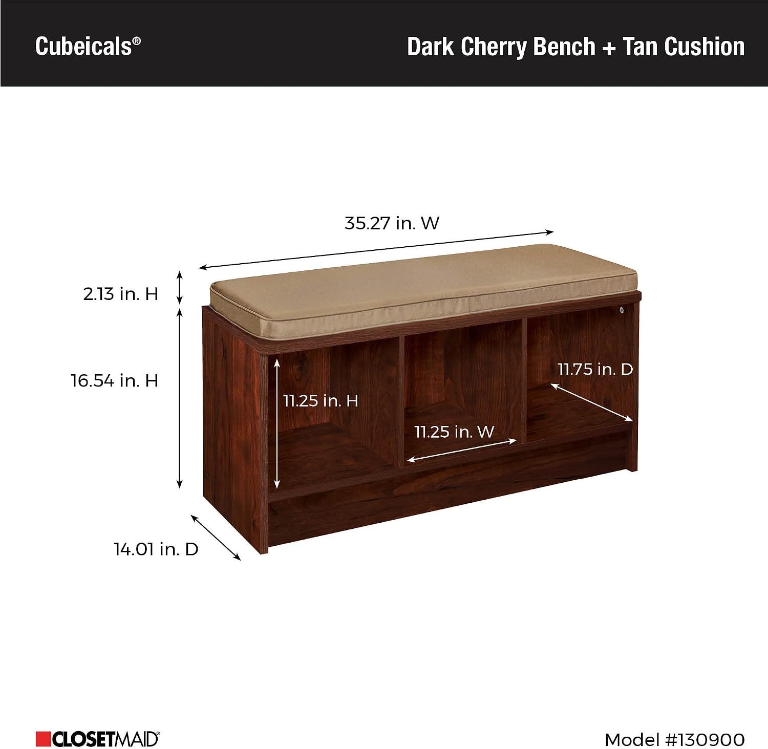 ClosetMaid 3258 Cubeicals 3-Cube Storage Bench, Natural Gray with Gray Cushion