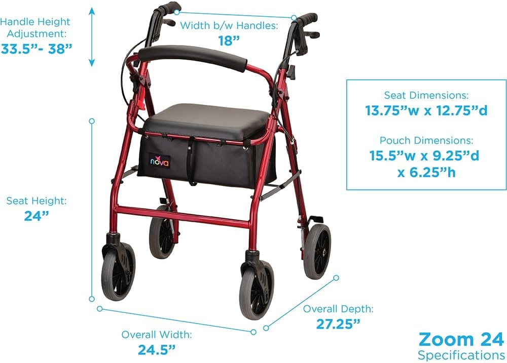 NOVA Zoom 22 Rollator Walker for Seniors, Rolling Walker with Locking Hand Brakes, Padded Seat & 8" Wheels, Lock N Load for Easy Transport & Storage, Adjustable Height 5'5"–6'1", Red