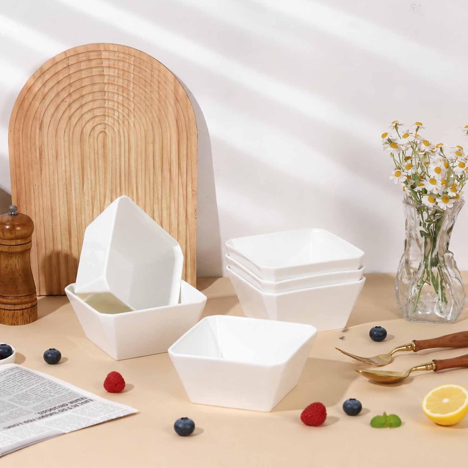 Samsle Porcelain Cereal Bowls, 16 oz Square Serving Bowls Set, 5 Inch White Ceramic Bowls for Salad, Soup, Snack, Dessert and Marmalade