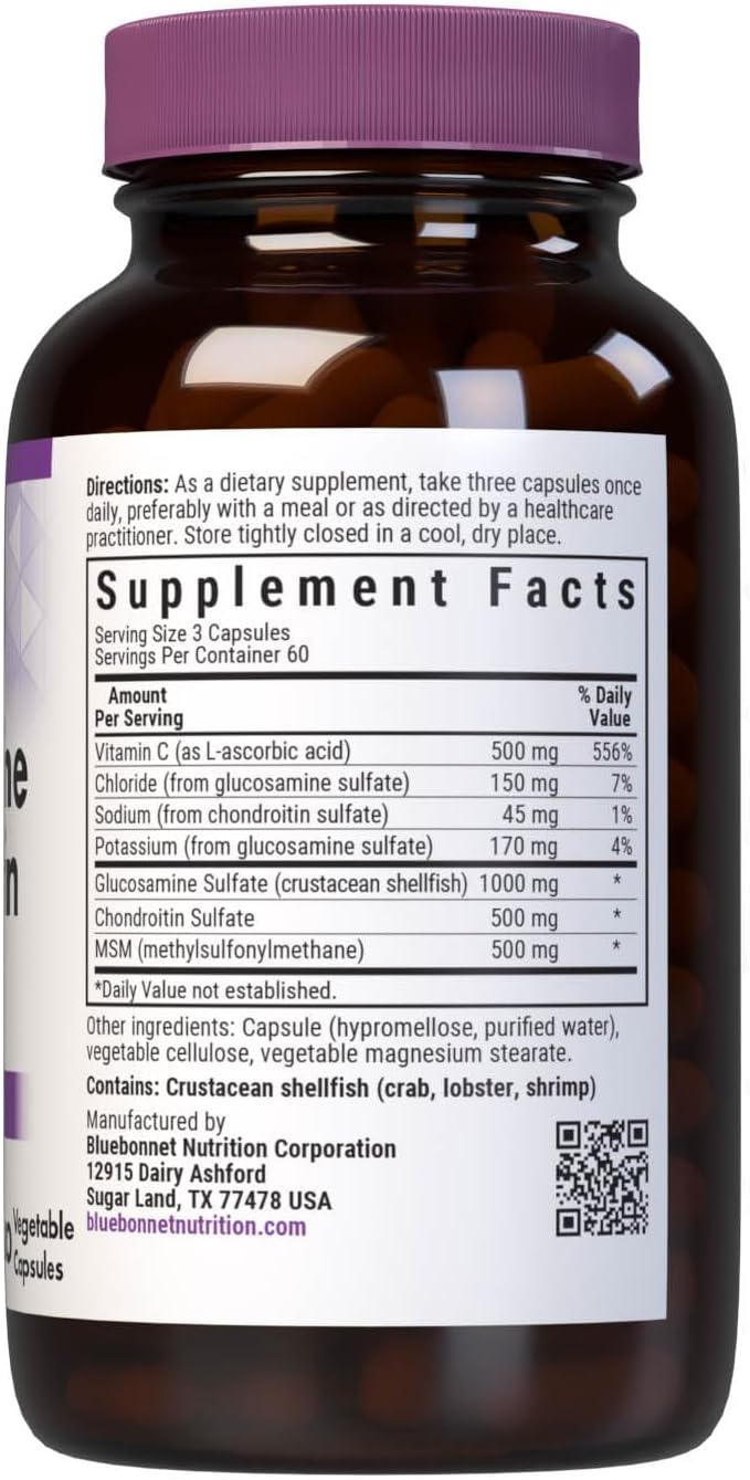 Bluebonnet Nutrition Glucosamine Chondroitin Plus MSM, Glucosamine, Chondroitin Sulfate, Vitamin C & OptiMSM, Bone & Joint Health, Non GMO, Gluten Free, Soy Free, Milk Free, 180 Vegetable Capsules | Bone & Joint Health; Non-GMO, Gluten-Free, Soy-Free, Da…