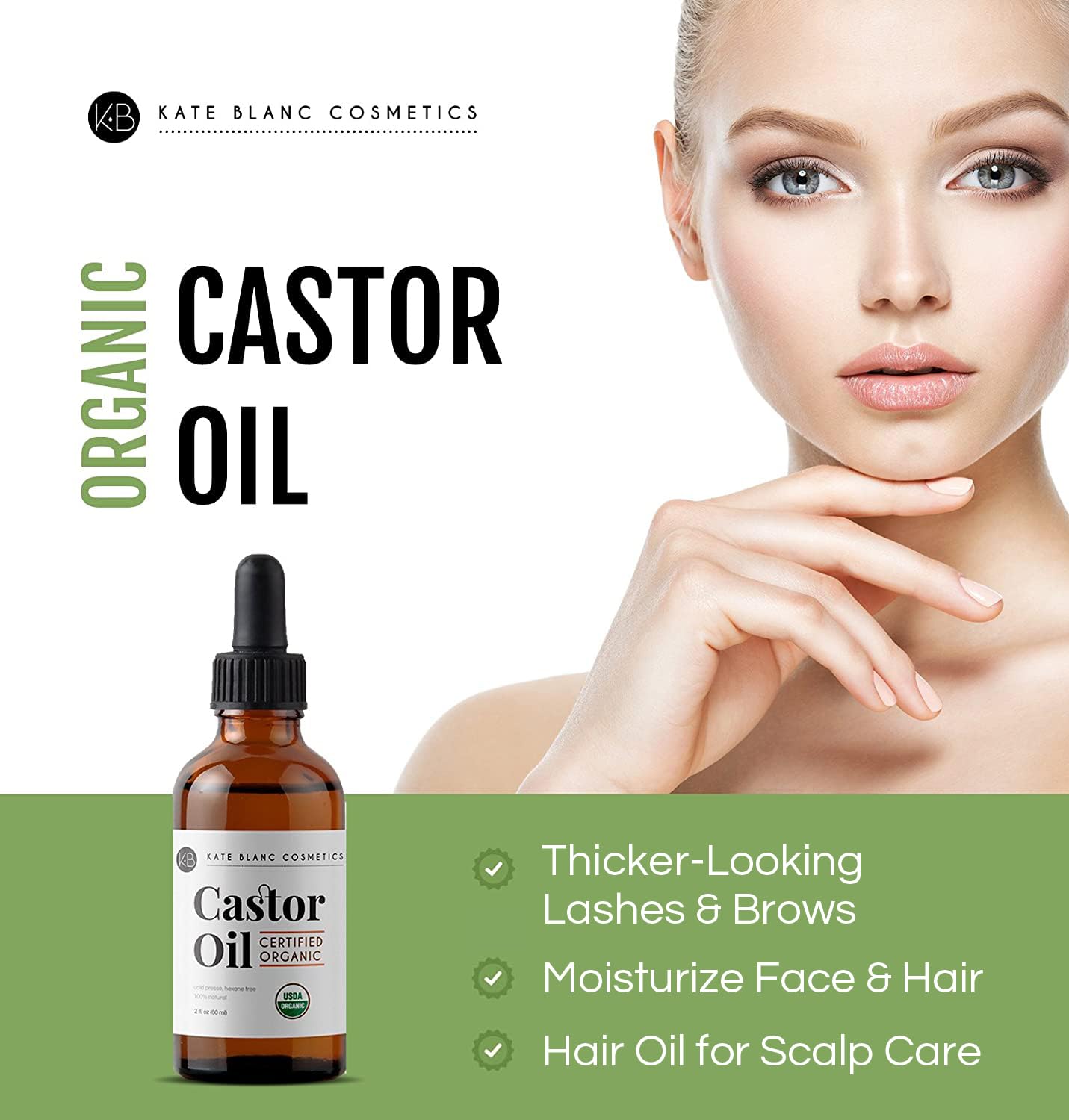 Kate Blanc Cosmetics Castor Oil Organic (4oz), 100% Pure, Cold Pressed, Hexane Free. Natural Oil for Hair, Eyelashes, Eyebrows. Skin Moisturizer with Starter Kit