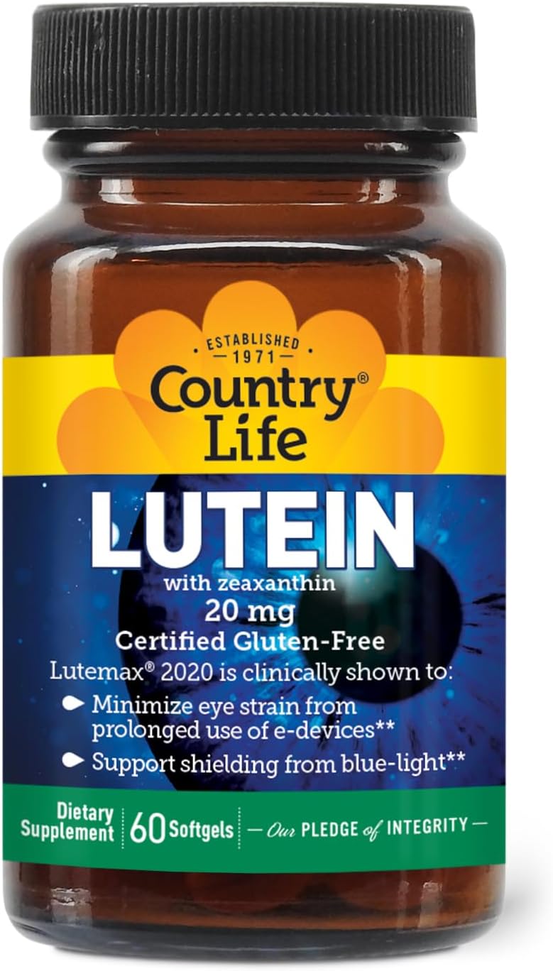 Country Life Lutein 20 mg Supplement - Certified Gluten-Free - Eye Health Support with Lutein and Zeaxanthin - Reduces Eye Strain from Screens - No