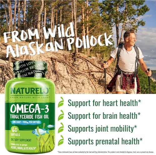 NATURELO Burpless Omega 3 Fish Oil Supplement, 1100mg, 60 Softgels | Triglyceride omega-3, omega 3 DHA EPA, liquid fish oil, 2 months supply