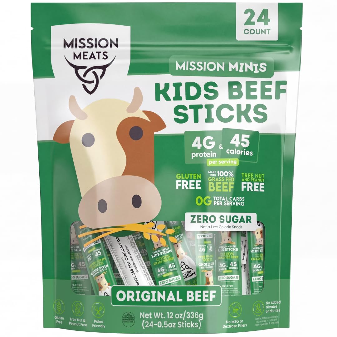 Mission Meats Kids Beef Sticks, Zero Sugar, Healthy Mini Snacks 0.5oz, 24ct | Healthy Back-to-School Snack, Great for Lunches & Sports, Top 9 Allergen Free, Individually Wrapped, Kid-Loved & Not Spicy