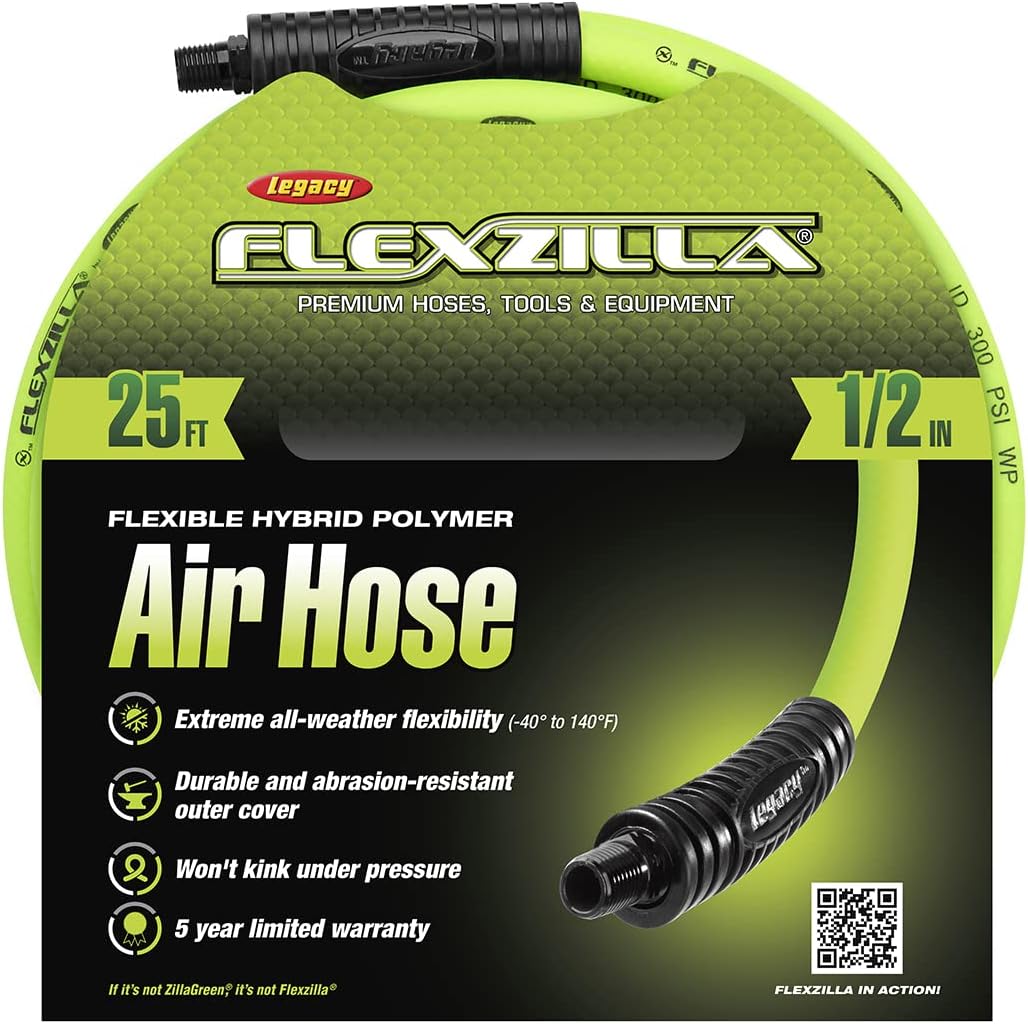 Flexzilla Air Hose, 3/8 in. x 50 ft., 3/8 in. MNPT Fittings, Heavy Duty, Lightweight, Hybrid, ZillaGreen - HFZ3850YW3