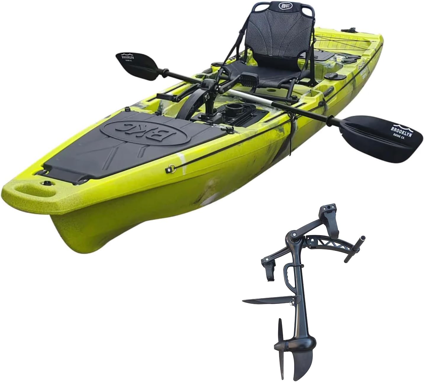 BKC Brooklyn 12.5 Pro Pedal Fishing Kayak, Propeller Drive | Hands-free propeller drive, rudder steering, 550 lb capacity, dry storage, rod holders, 12.5 ft sit-on-top hull