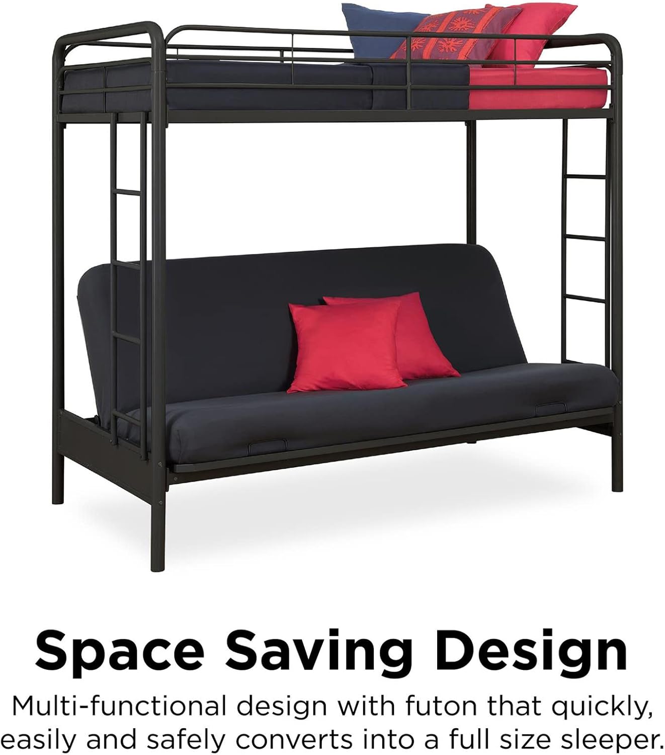 DHP Twin-Over-Futon Convertible Couch and Bed with Metal Frame, Ladder and Guardrails - Black