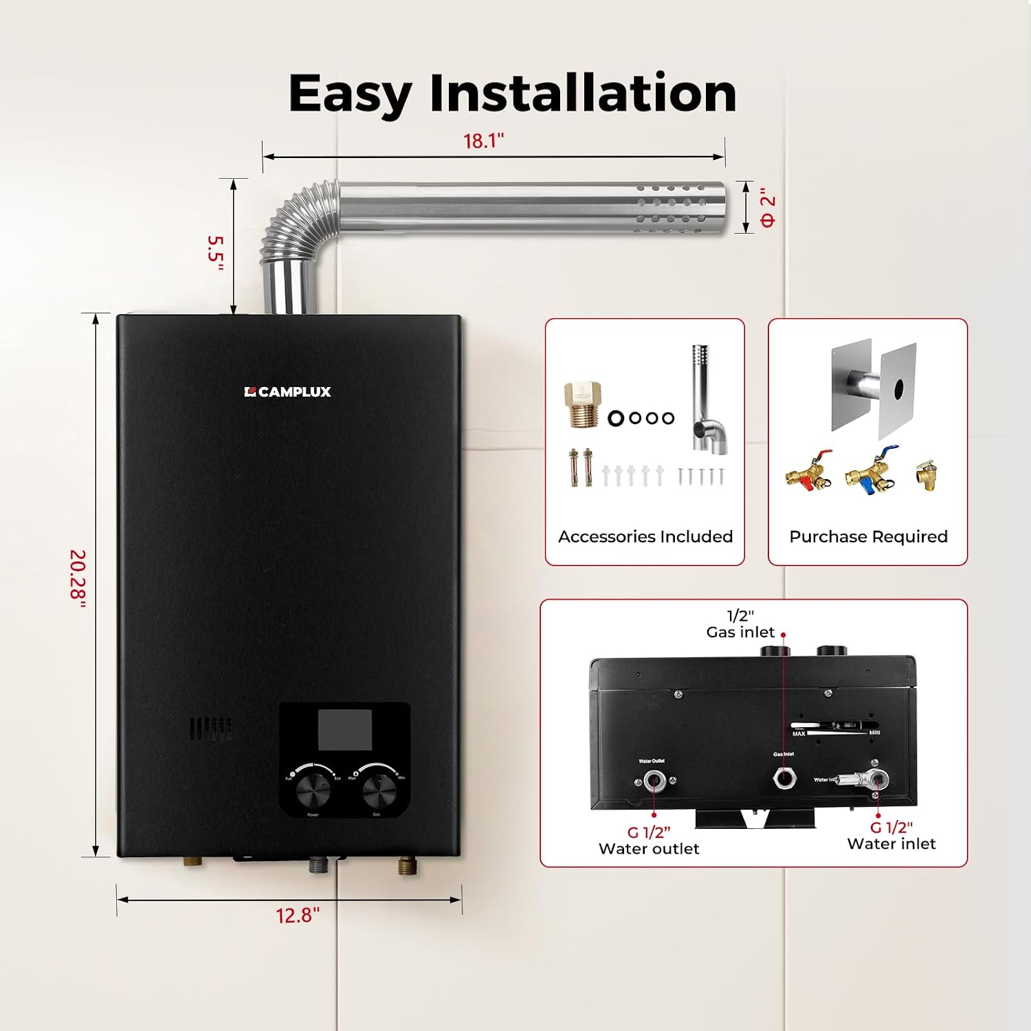 CAMPLUX Propane Tankless Water Heater 2.64 GPM, CM264 Gas Tankless Water Heater Indoor, 68,000 BTU On Demand Instant Hot, White