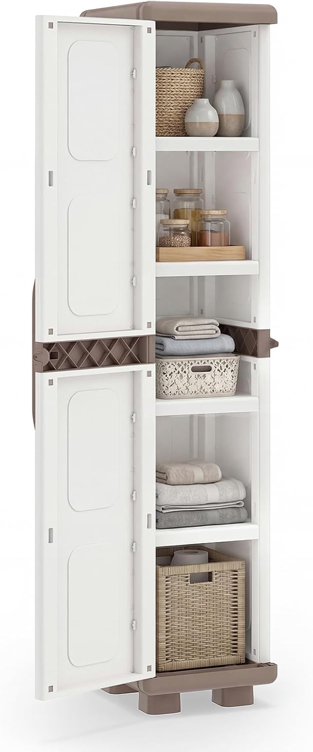 GIANTEX Storage Cabinet with 2 Doors and Adjustable Shelves, Modern Plastic Base Garage Organizer, Floor Sideboard for Kitchen, Dining Room, Bathroom (Wide-29"x19"x37",White+Brown)