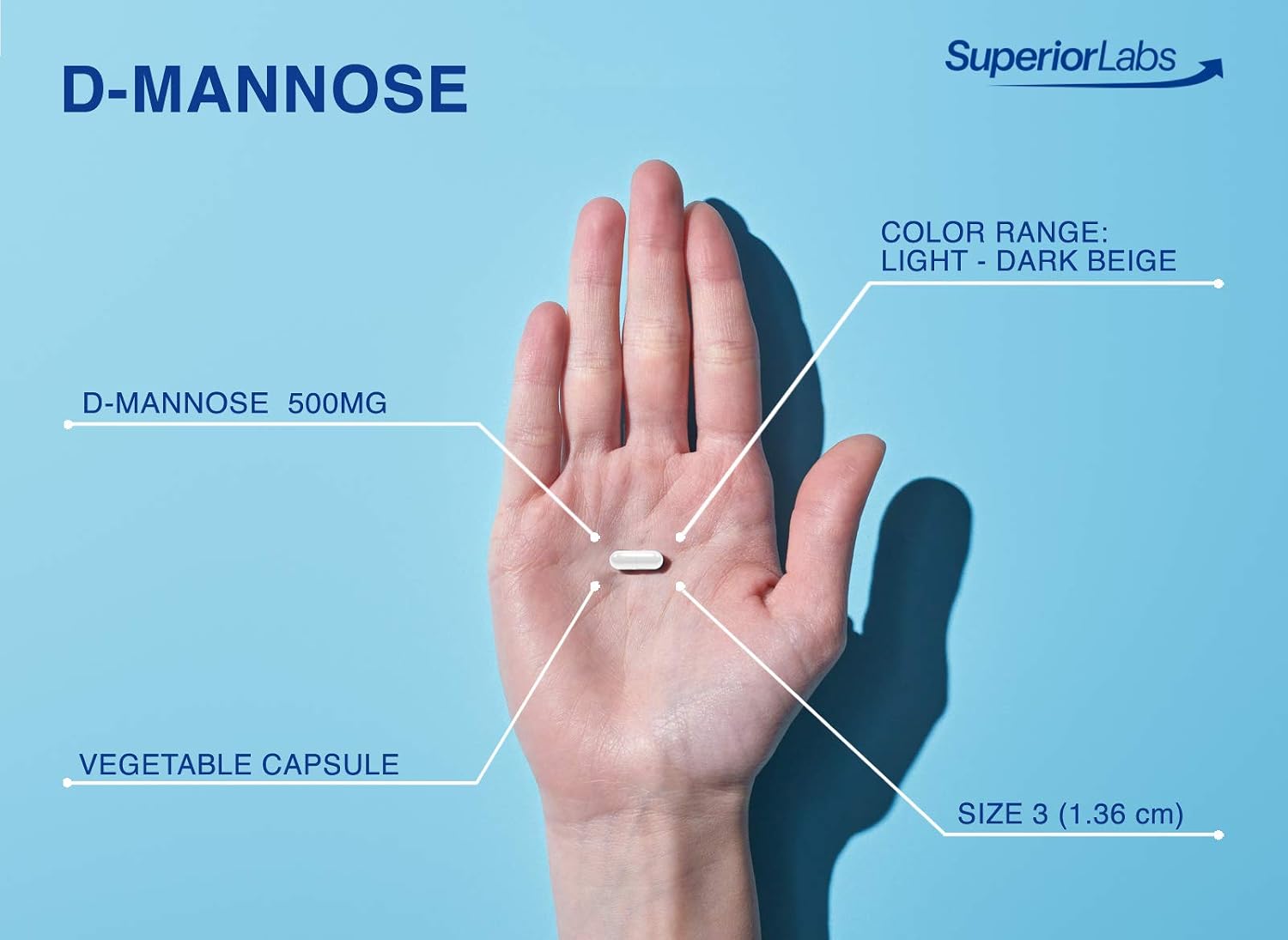 Superior Labs D-Mannose 500 mg, Pure Non-GMO Optimal Absorption Prebiotic, Urinary Tract, Bladder & Kidney UTI Support, Digestive & Liver Health Aid
