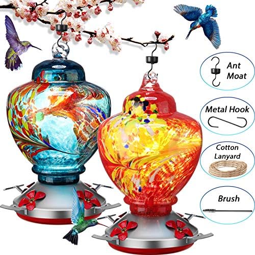 Boao 2 Pack Glass Hummingbird Feeder for Outdoors, 38 oz, Hanging
