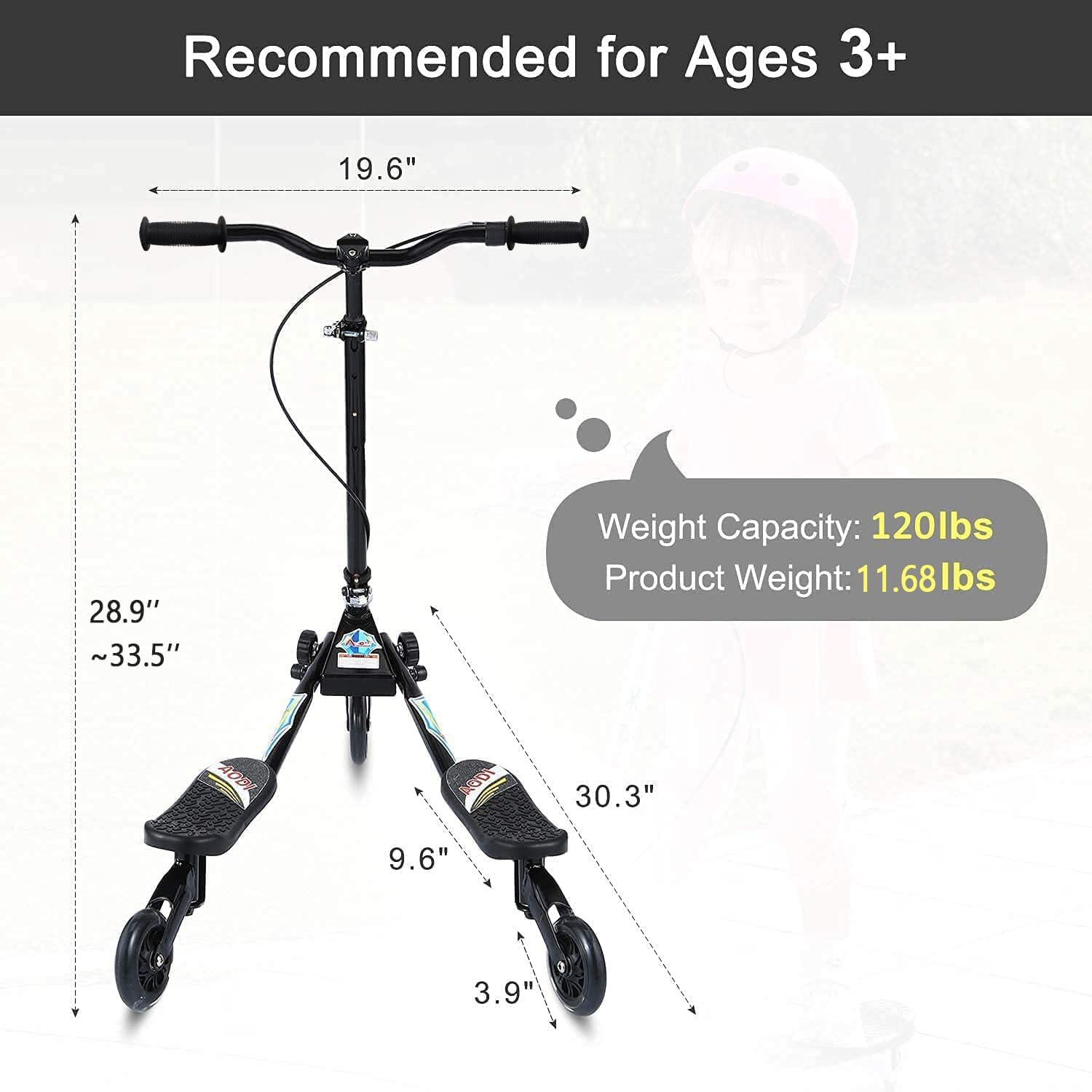 Swing Scooter for Kids, 3 Wheels Foldable Wiggle Kick Scooter Push Drifting with 4 Adjustable Handlebar & 2 Rear LED Wheel for Boys and Girls Ages 3-8