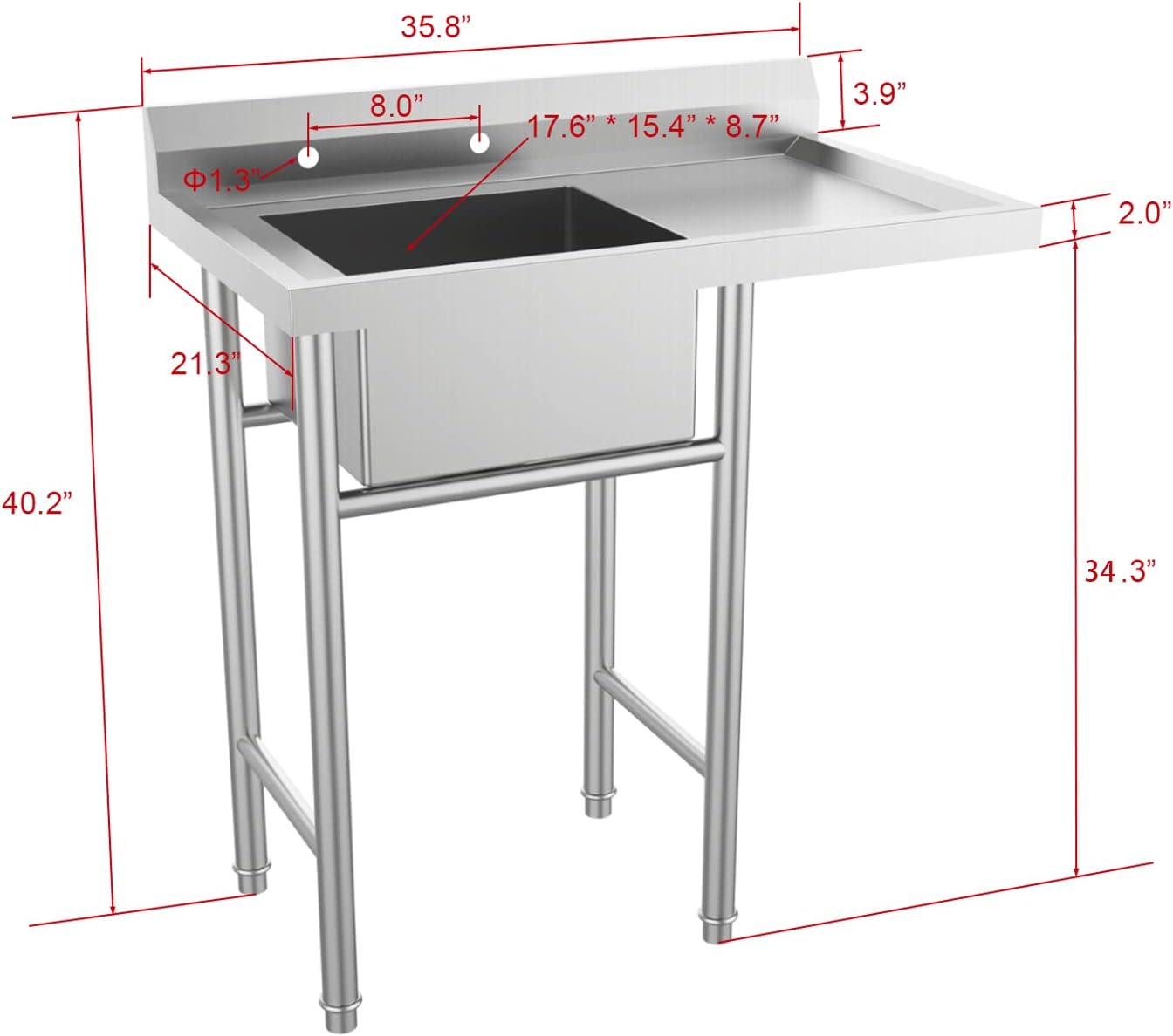 Bonnlo 304 Stainless Steel Utility Sink with Drainboard, One Compartment Workbench Sink Commercial Sink for Restaurant, Laundry Room, Backyard