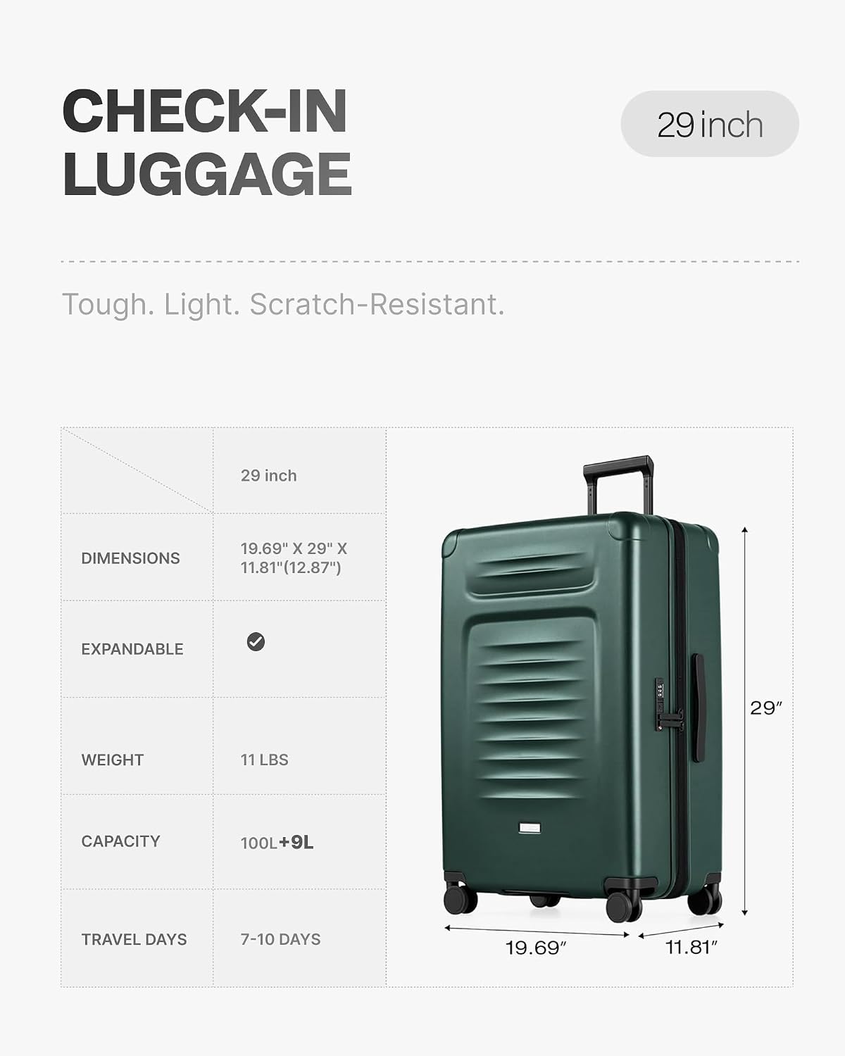 Coolife Expandable Luggage with TSA Lock Carry On Green | Front Pocket with Laptop Compartment,22x14x9 Airline Approved,Durable Hardshell Suitcases,Reinforced Bottom Groove