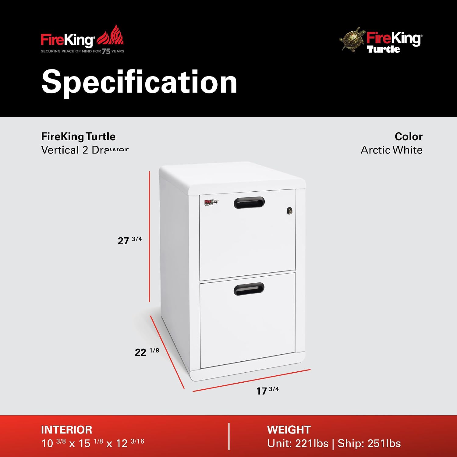 FireKing Turtle Vertical 2 Drawer Fire Rated File Cabinet, Black | 1 Hour Fire Rated Filing Cabinet - UL Class 350 - Water Resistant - Key Lock - Made in USA