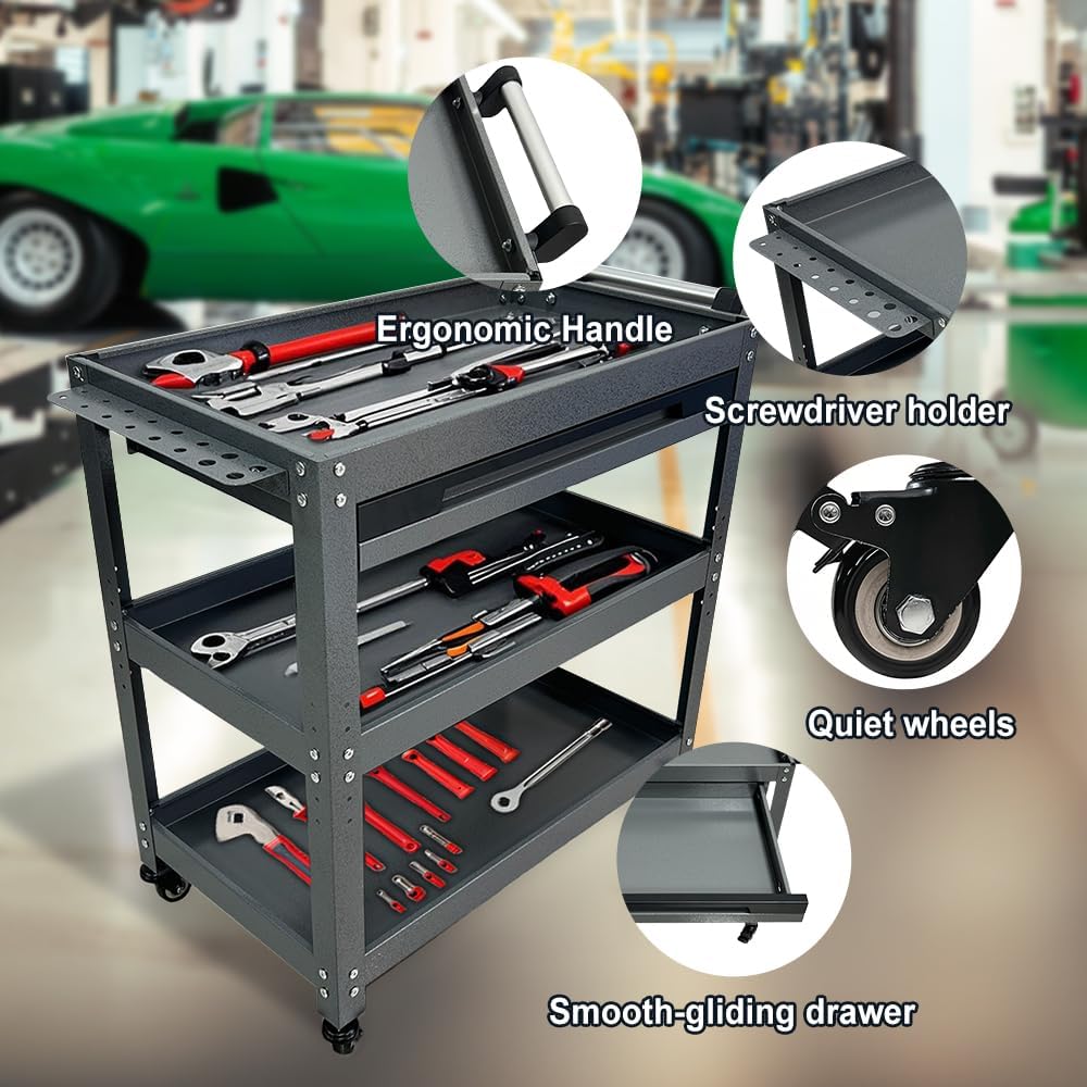 Metal 3 Tier Rolling Tool Cart with Drawer, Steel Utility Cart on Wheels, for Warehouse Garage Workshop