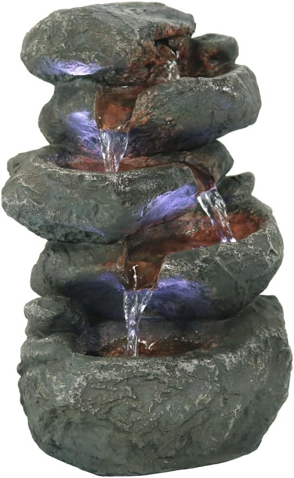 Sunnydaze 10" 5-Step Tabletop Water Fountain with LED Lights, Stacked Rocks | Rock Water Fountain with Calm Sounds for Meditation
