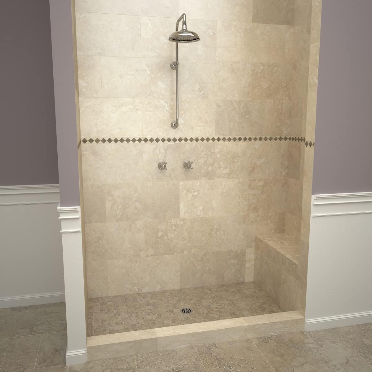 Tile Redi P3648C-RB36-KIT Shower Pan and Bench with Center Drain- Single Curb Shower Base, Bench, 2" PVC Drain, and Plate Included, 60" Width x 36" Depth
