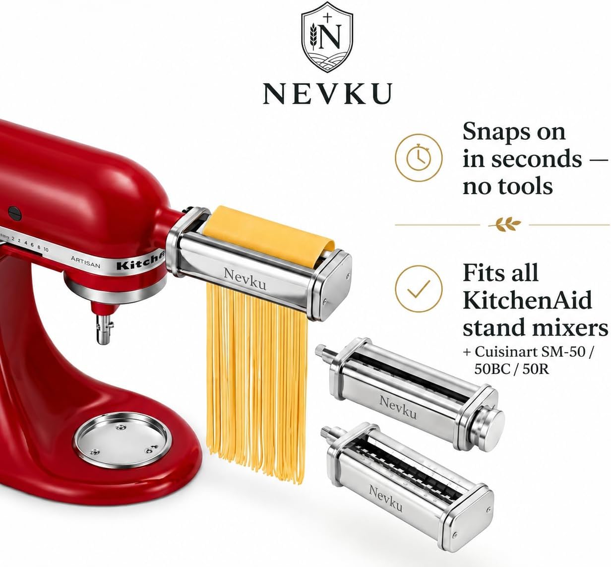 Pasta Maker Attachments Set for all KitchenAid Stand Mixer, including Pasta Sheet Roller, Spaghetti Cutter, Fettuccine Cutter by Nevku