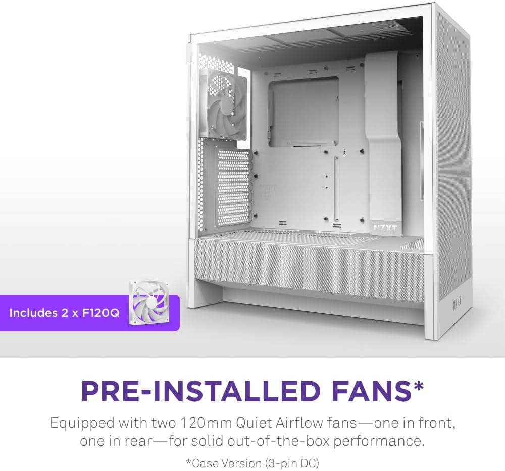NZXT H5 Flow RGB - Compact ATX Mid-Tower PC Case - White | Compact mid-tower with included F360 RGB Core fans, 360mm radiator support, tempered glass. CAM-ready RGB out of the box.