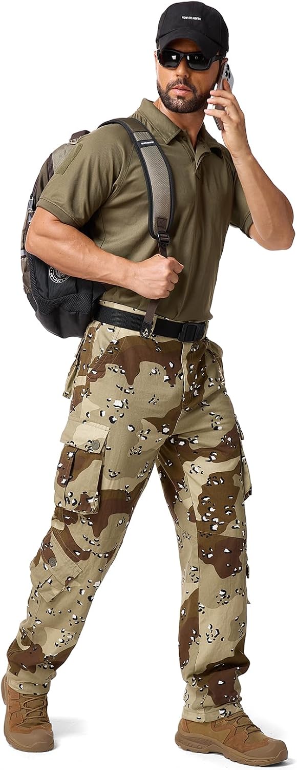 Mens Cargo Pants Camo Work Tactical Rip Stop BDU Casual Army Military Pants | 100% Cotton,Wear Resistant,Breathable,Sweat-absorbent,Men's Wild Cargo Pants with 8 Pockets,Relaxed Loose Fit Hiking Pants