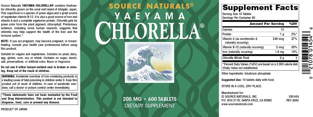 Source Naturals Yaeyama Chlorella, 200 mg, 600 Vegan Tablets | Green Superfood | Plant-Based B12*