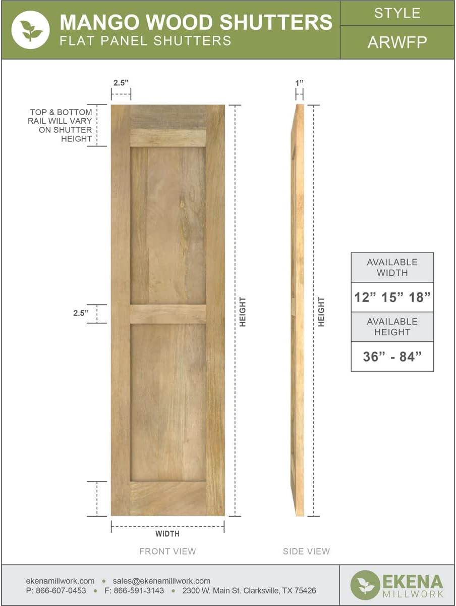 15"W x 72"H Americraft Two Equal Flat Panel Exterior Real Wood Shutters (Per Pair), Black