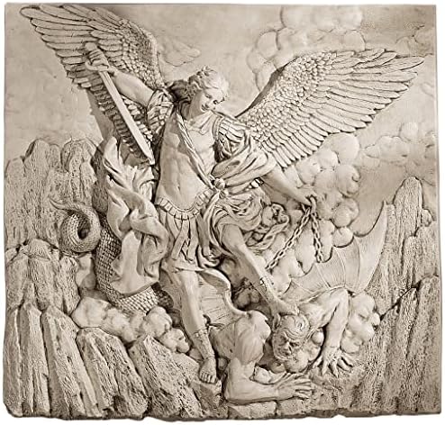 Design Toscano Michael the Archangel Slaying Demon Indoor/Outdoor Wall Frieze Sculpture, 22 inches wide, Cast Stone Resin, Antique Stone Finish