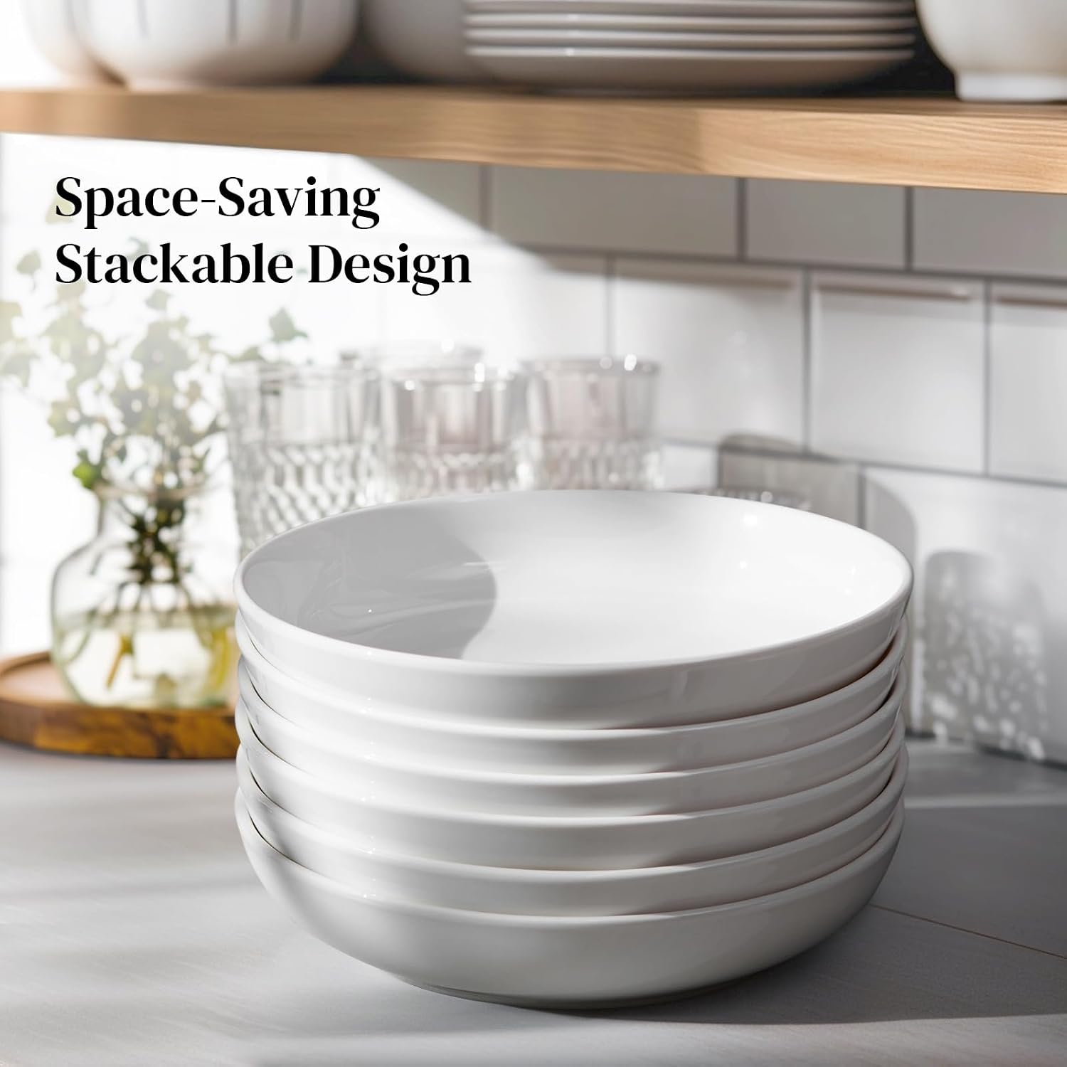 DOWAN 8.5" Pasta Bowls, 32oz Salad Bowls Set of 6, Natural White Ceramic Serving Bowls