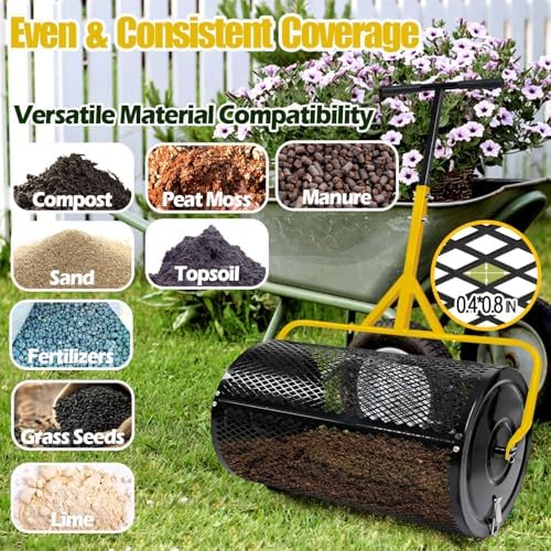 2026 Upgraded 30 Inch Compost Spreader, 26 Gal/99L Large Capacity Heavy Duty Peat Moss Spreader for Lawn, Stable T-Handle Manual Spreader for Top Soil